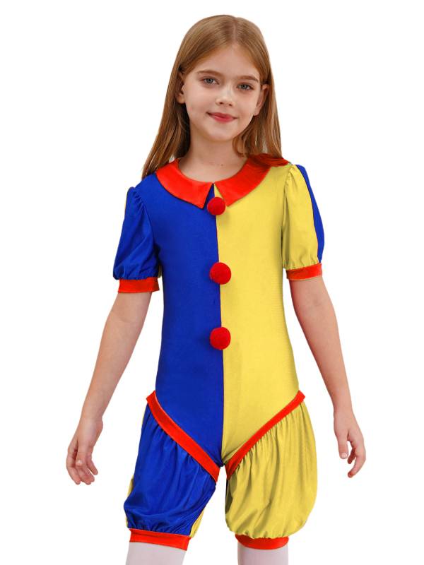 Girls Short Sleeve Pom Poms Colorblock Halloween Clown Costume Jumpsuit thumb