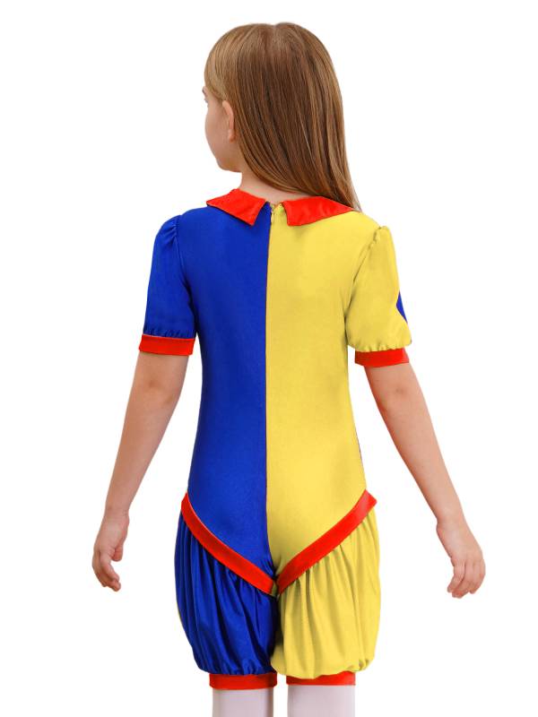 Girls Short Sleeve Pom Poms Colorblock Halloween Clown Costume Jumpsuit thumb