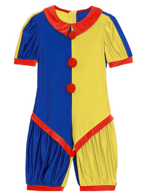 Girls Short Sleeve Pom Poms Colorblock Halloween Clown Costume Jumpsuit thumb