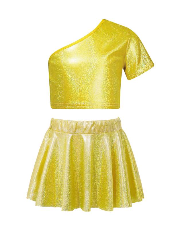 Kids Girls One Shoulder Short Sleeve Metallic Crop Top and Skirt Jazz Dance Set thumb