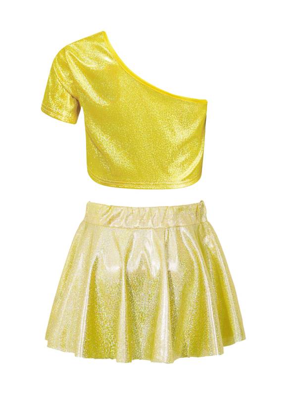 Kids Girls One Shoulder Short Sleeve Metallic Crop Top and Skirt Jazz Dance Set thumb