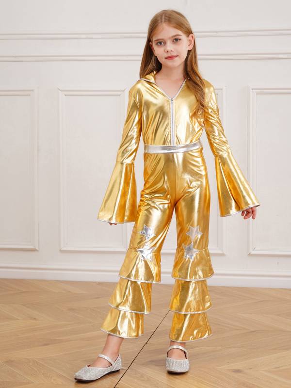 Kids Girls 70s Disco Costume Long Sleeve Bell Bottom Zipper Jumpsuit thumb