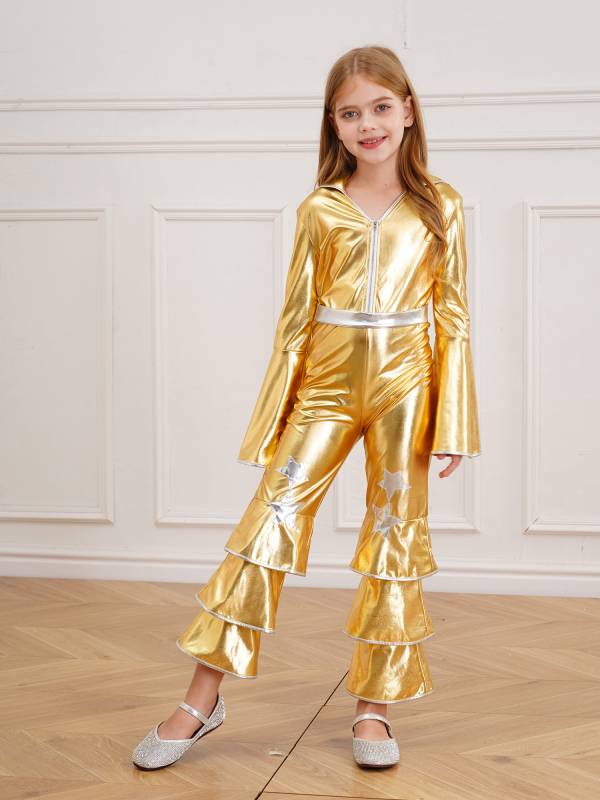 Kids Girls 70s Disco Costume Long Sleeve Bell Bottom Zipper Jumpsuit thumb