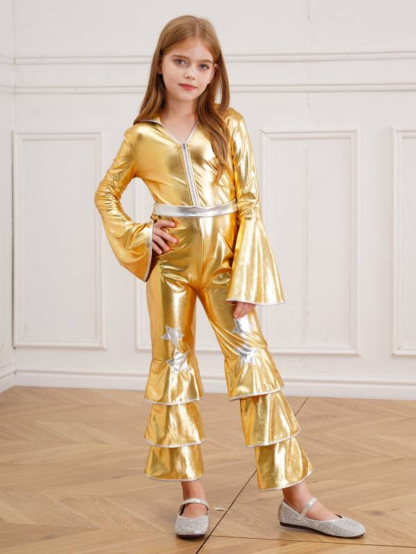 Kids Girls 70s Disco Costume Long Sleeve Bell Bottom Zipper Jumpsuit thumb