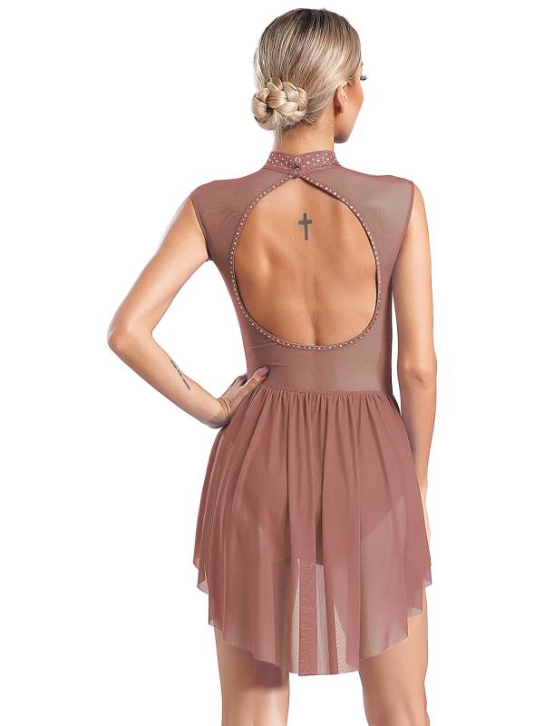 Women Sleeveless Backless Mesh Rhinestones Lyrical Dance Leotard Dress thumb