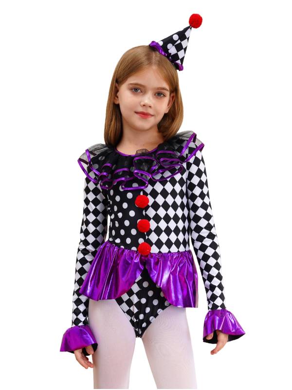 Kids Girls Circus Clown Costume Long Sleeve Checkerboard Polka Dots Bodysuit thumb