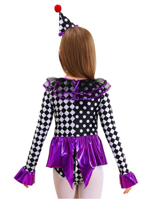 Kids Girls Circus Clown Costume Long Sleeve Checkerboard Polka Dots Bodysuit thumb