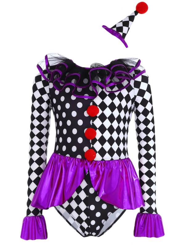 Kids Girls Circus Clown Costume Long Sleeve Checkerboard Polka Dots Bodysuit thumb