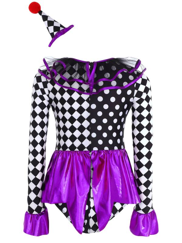 Kids Girls Circus Clown Costume Long Sleeve Checkerboard Polka Dots Bodysuit thumb