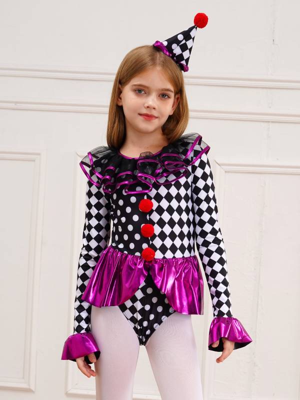 Kids Girls Circus Clown Costume Long Sleeve Checkerboard Polka Dots Bodysuit thumb