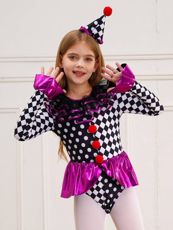 Kids Girls Circus Clown Costume Long Sleeve Checkerboard Polka Dots Bodysuit thumb