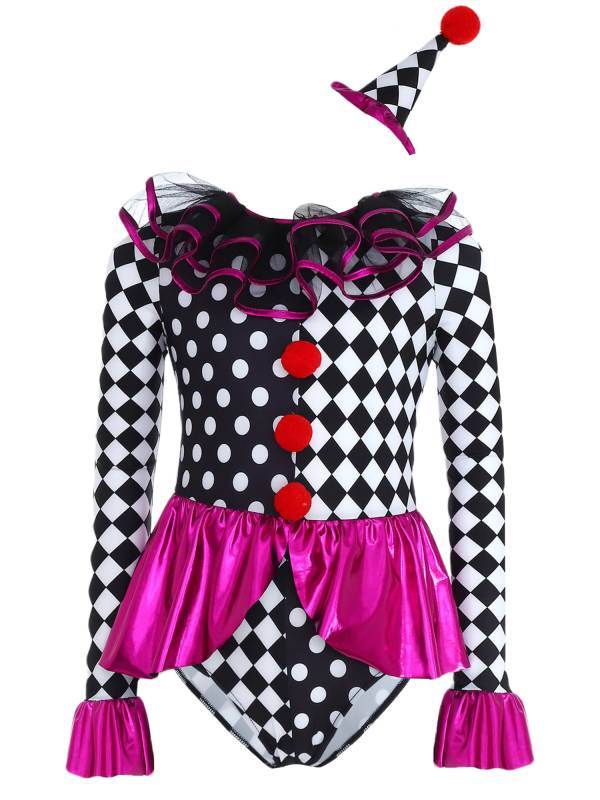 Kids Girls Circus Clown Costume Long Sleeve Checkerboard Polka Dots Bodysuit thumb