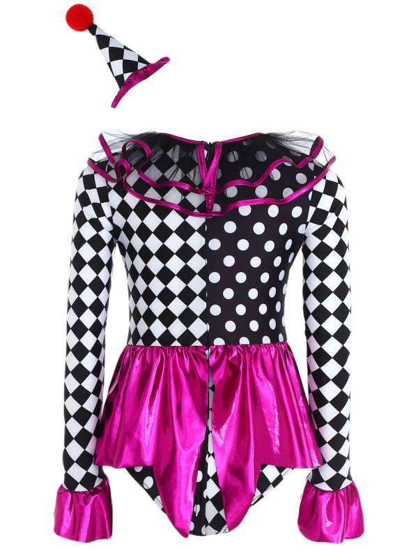 Kids Girls Circus Clown Costume Long Sleeve Checkerboard Polka Dots Bodysuit thumb