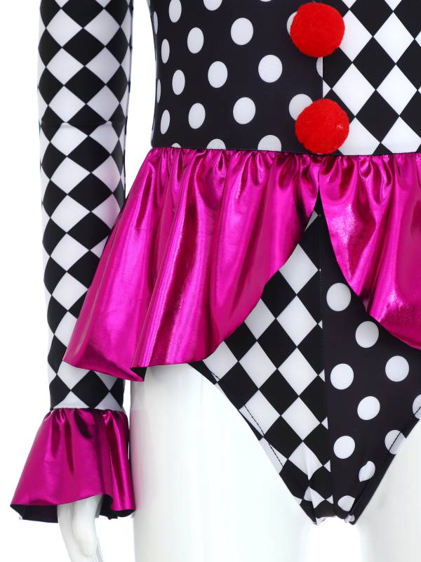 Kids Girls Circus Clown Costume Long Sleeve Checkerboard Polka Dots Bodysuit thumb