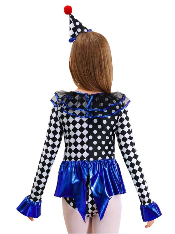 Kids Girls Circus Clown Costume Long Sleeve Checkerboard Polka Dots Bodysuit thumb