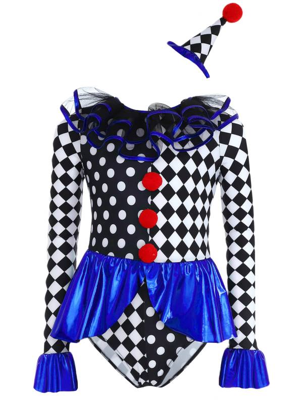 Kids Girls Circus Clown Costume Long Sleeve Checkerboard Polka Dots Bodysuit thumb