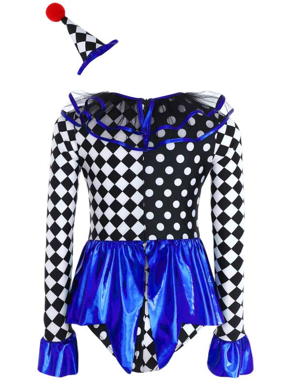 Kids Girls Circus Clown Costume Long Sleeve Checkerboard Polka Dots Bodysuit thumb