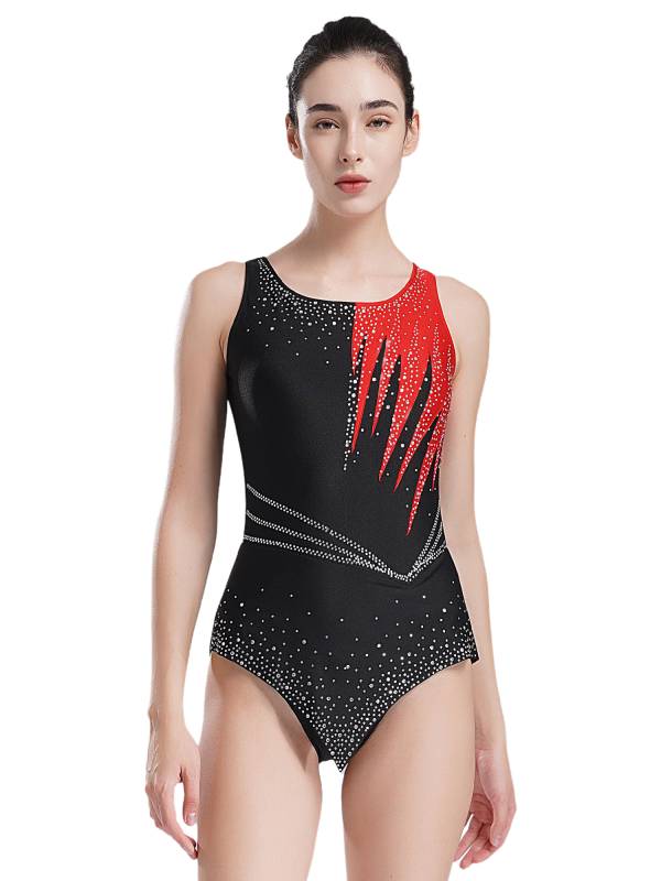 Women Sleeveless Scoop Neck Shiny Rhinestones Gymnastics Leotard thumb