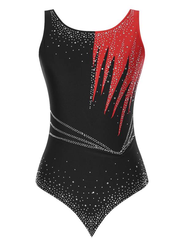 Women Sleeveless Scoop Neck Shiny Rhinestones Gymnastics Leotard thumb