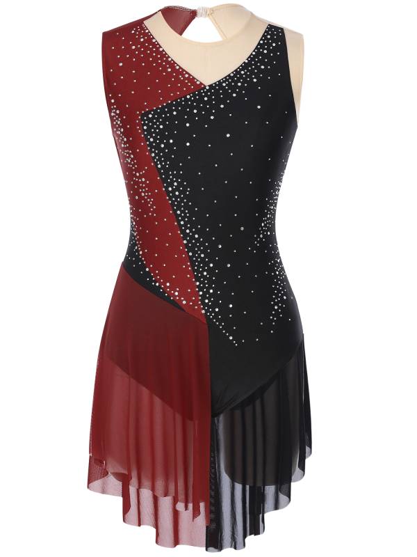 Women Sleeveless Round Neck Rhinestones Colorblock Figure Skating Leotard thumb