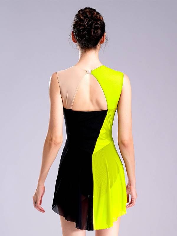 Women Sleeveless Round Neck Rhinestones Colorblock Figure Skating Leotard thumb