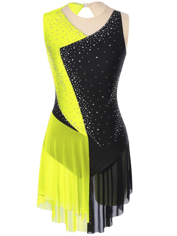 Women Sleeveless Round Neck Rhinestones Colorblock Figure Skating Leotard thumb