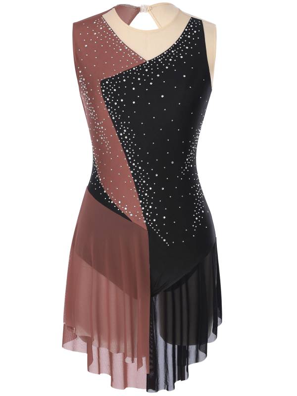 Women Sleeveless Round Neck Rhinestones Colorblock Figure Skating Leotard thumb