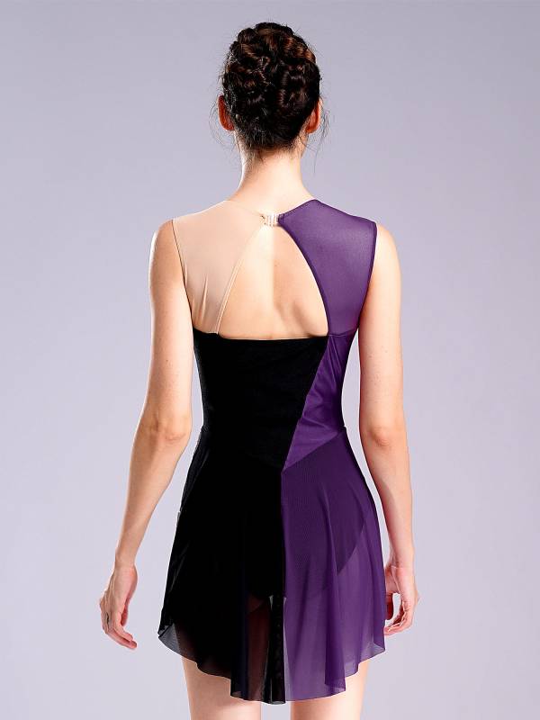 Women Sleeveless Round Neck Rhinestones Colorblock Figure Skating Leotard thumb