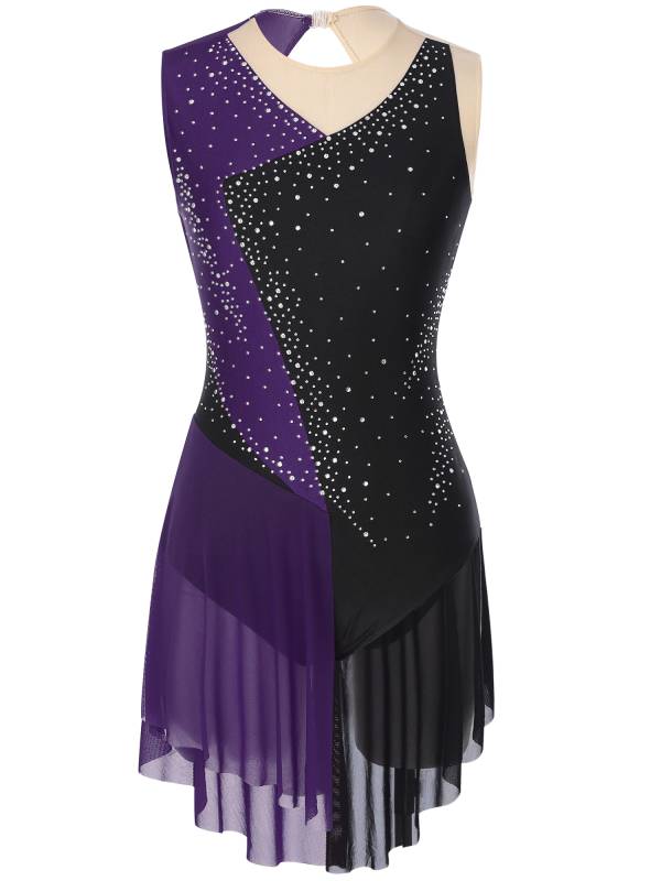 Women Sleeveless Round Neck Rhinestones Colorblock Figure Skating Leotard thumb