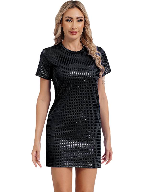 Women Sequins Round Neck Short Sleeve T-shirt Dress for Cocktail thumb