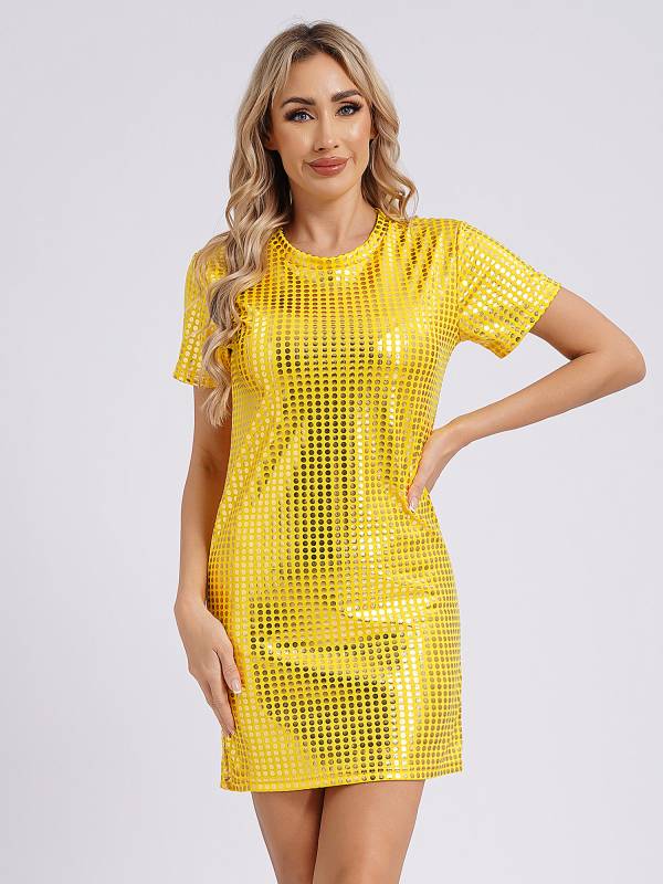 Women Sequins Round Neck Short Sleeve T-shirt Dress for Cocktail thumb