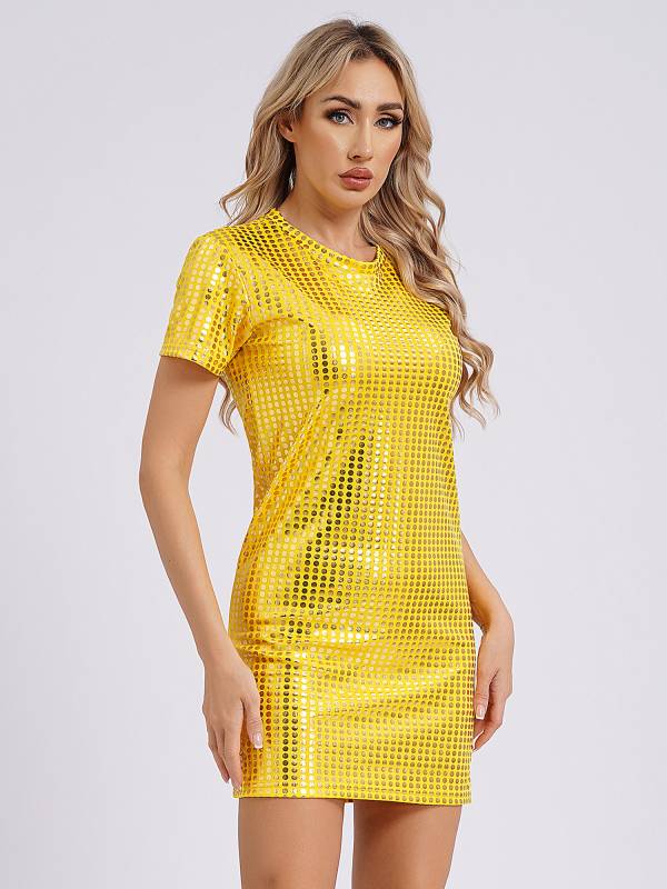 Women Sequins Round Neck Short Sleeve T-shirt Dress for Cocktail thumb