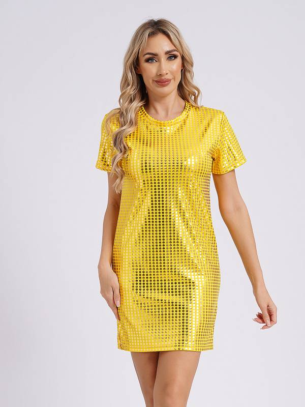 Women Sequins Round Neck Short Sleeve T-shirt Dress for Cocktail thumb