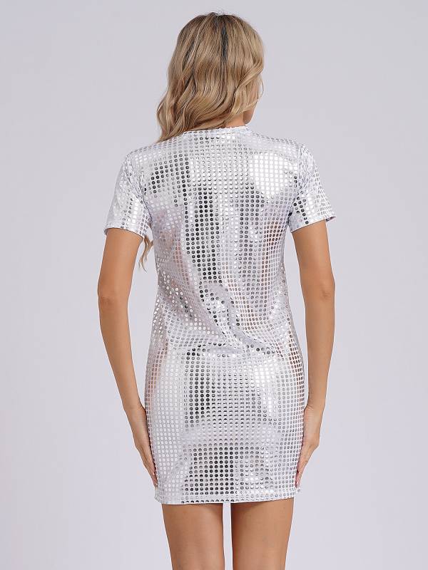 Women Sequins Round Neck Short Sleeve T-shirt Dress for Cocktail thumb