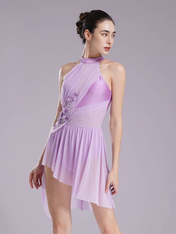 Women Sleeveless Rhinestones Asymmetrical Lyrical Dance Leotard Dress thumb