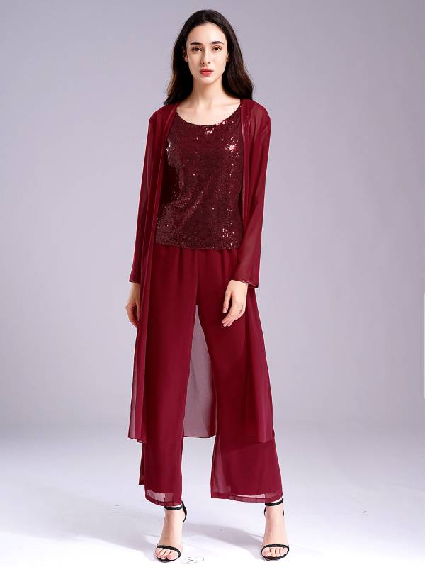 Women 3pcs Chiffon Sequin Tank Top Long Sleeve Cardigan and Pants Suit thumb