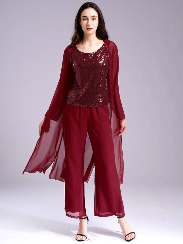 Women 3pcs Chiffon Sequin Tank Top Long Sleeve Cardigan and Pants Suit thumb