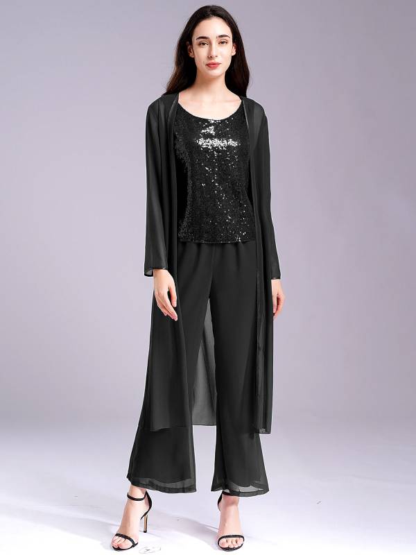 Women 3pcs Chiffon Sequin Tank Top Long Sleeve Cardigan and Pants Suit thumb