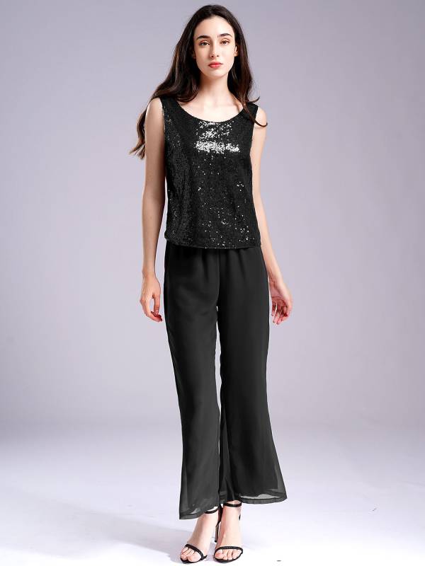 Women 3pcs Chiffon Sequin Tank Top Long Sleeve Cardigan and Pants Suit thumb