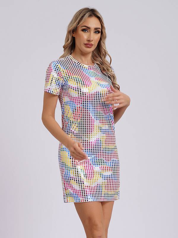 Women Sequins Round Neck Short Sleeve T-shirt Dress for Cocktail thumb