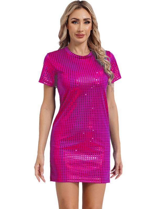 Women Sequins Round Neck Short Sleeve T-shirt Dress for Cocktail thumb