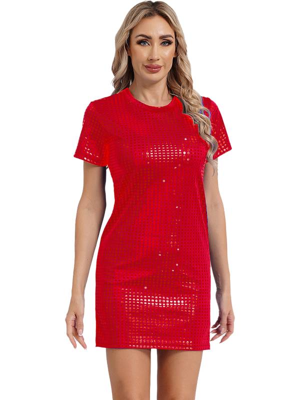 Women Sequins Round Neck Short Sleeve T-shirt Dress for Cocktail thumb