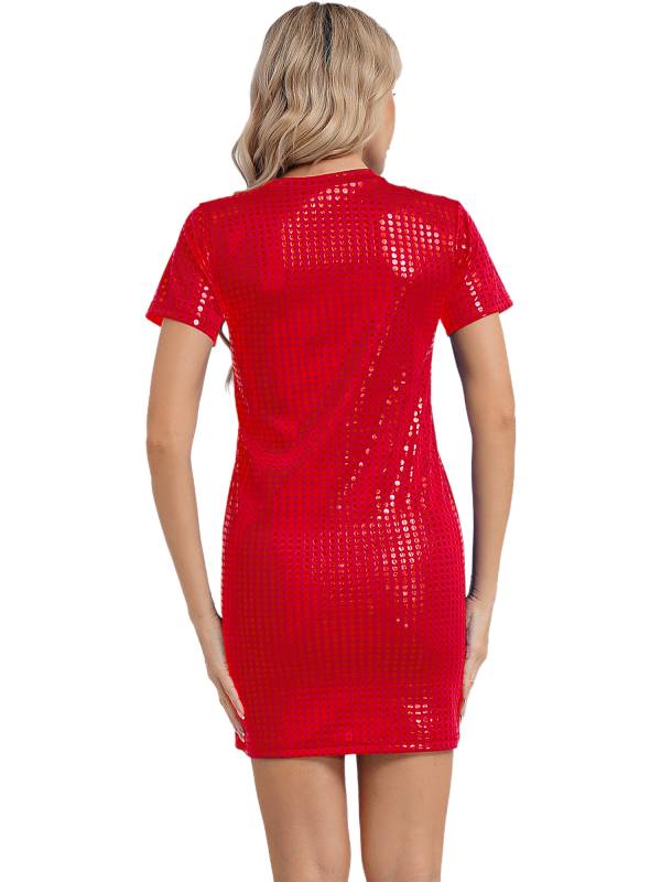 Women Sequins Round Neck Short Sleeve T-shirt Dress for Cocktail thumb