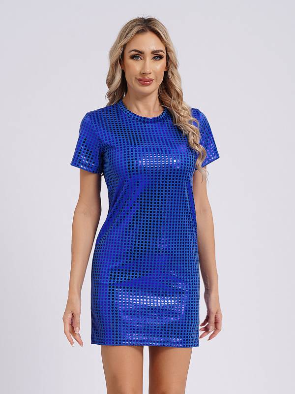 Women Sequins Round Neck Short Sleeve T-shirt Dress for Cocktail thumb