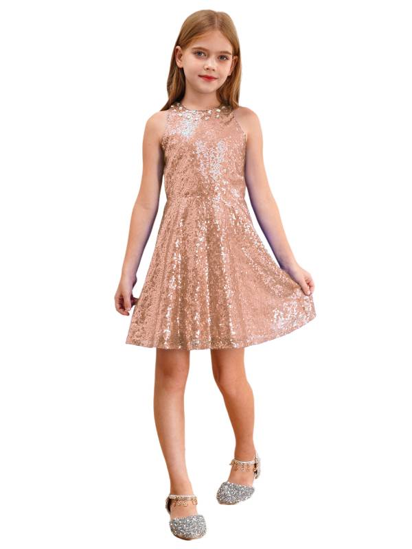 Kids Girls A-line Sequined Halter Sleeveless Hollow Out Back Dress for Prom thumb