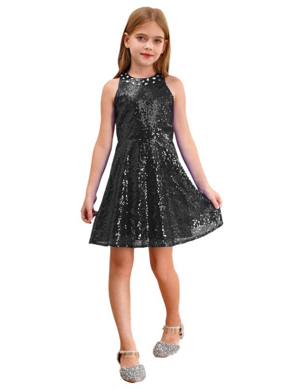 Kids Girls A-line Sequined Halter Sleeveless Hollow Out Back Dress for Prom thumb