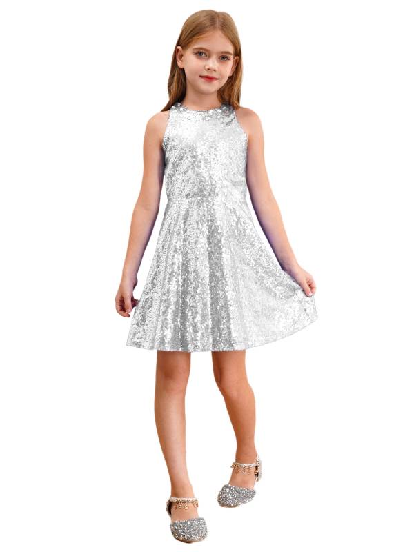 Kids Girls A-line Sequined Halter Sleeveless Hollow Out Back Dress for Prom thumb