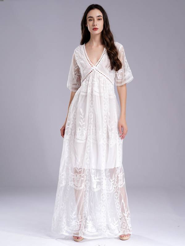 Women V Neck Short Sleeve Embroidered Lace Maxi Beach Wedding Dress thumb