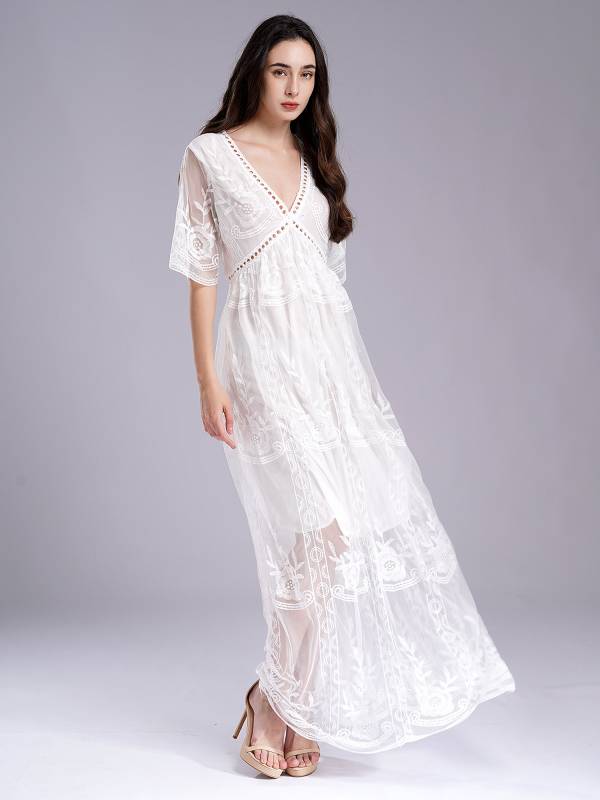 Women V Neck Short Sleeve Embroidered Lace Maxi Beach Wedding Dress thumb