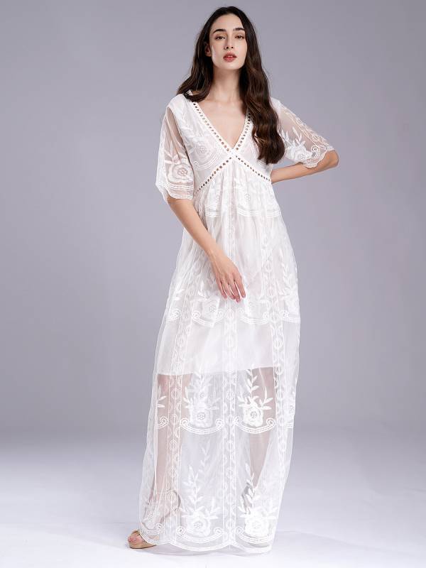 Women V Neck Short Sleeve Embroidered Lace Maxi Beach Wedding Dress thumb